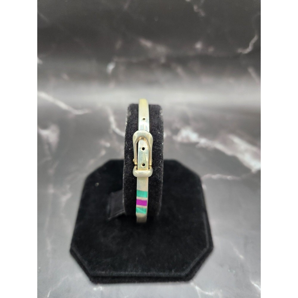 Vintage Taxco Belt Buckle Clasp Bracelet in Sterling Silver w/Green/Purple Stone